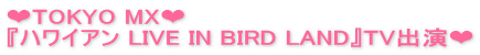 ❤TOKYO MX❤  『ハワイアン LIVE IN BIRD LAND』TV出演❤